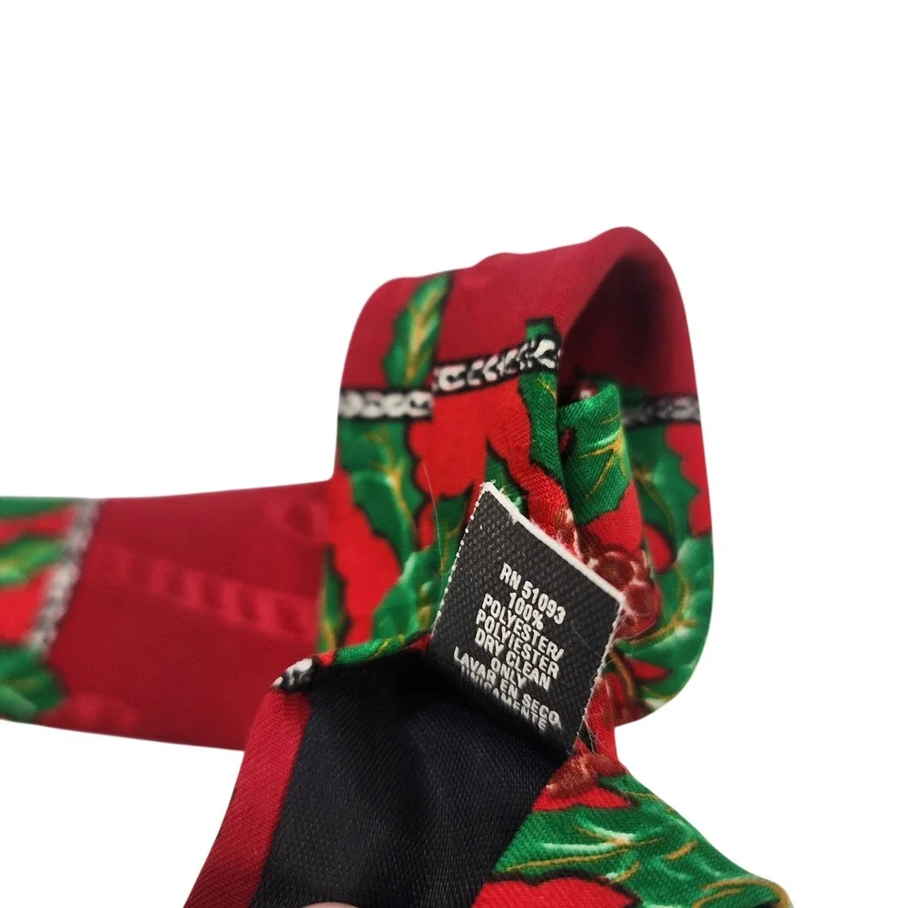 Vintage Hallmark Yule Tie Greetings Christmas Holly Candy Cane Red Silk Tie USA
